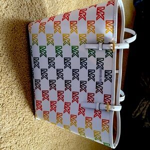 Michael Kors Jet Set Travel Medium Carryall Shoulder Tote Bag MK Rainbow White